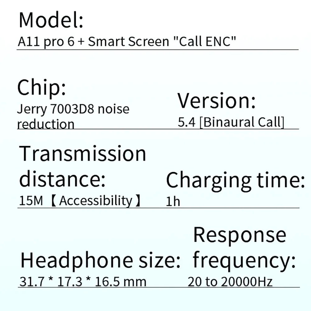Écouteurs sans fil A11 Pro TWS à écran LCD tactile avec réduction du bruit ENC, basses puissantes, son premium, batterie longue durée