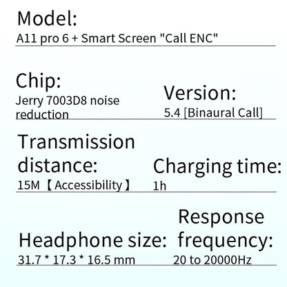 Écouteurs sans fil A11 Pro TWS à écran LCD tactile avec réduction du bruit ENC, basses puissantes, son premium, batterie longue durée
