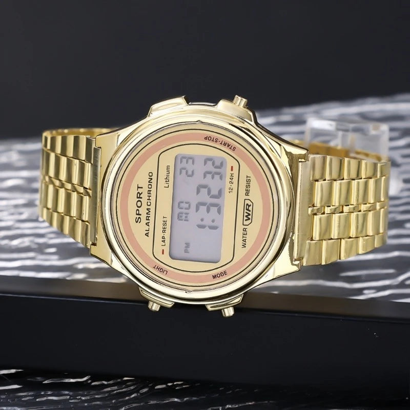Montres électroniques carrées rétro à affichage numérique pour femmes et hommes, montres de luxe en or rose et argent pour dames 