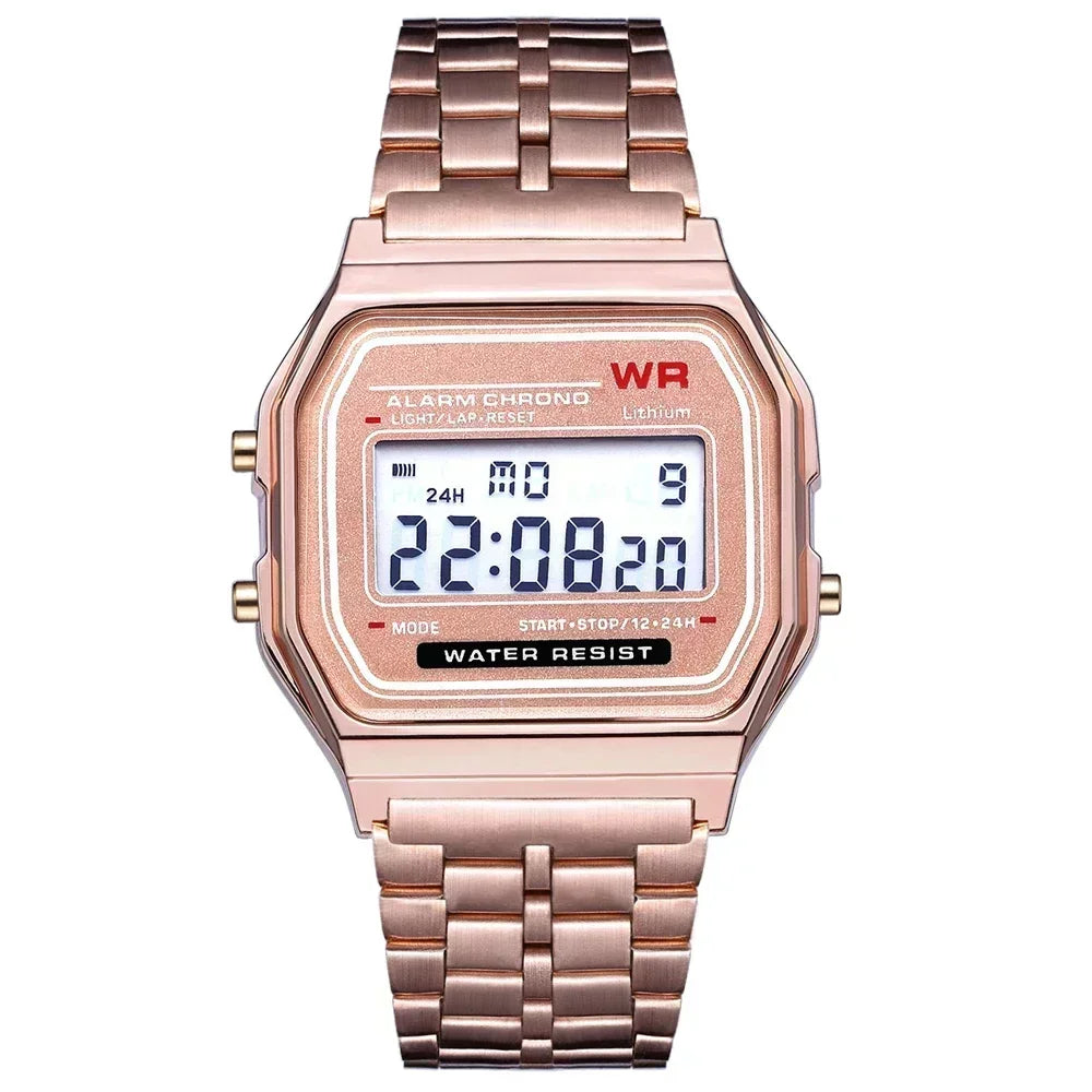Montres électroniques carrées rétro à affichage numérique pour femmes et hommes, montres de luxe en or rose et argent pour dames 