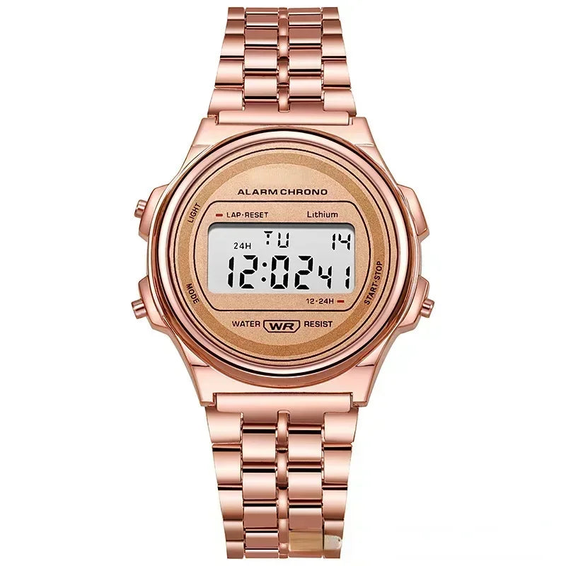 Montres électroniques carrées rétro à affichage numérique pour femmes et hommes, montres de luxe en or rose et argent pour dames 
