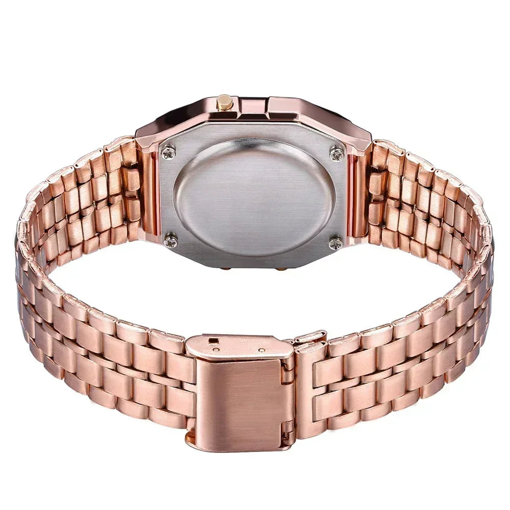 Montres électroniques carrées rétro à affichage numérique pour femmes et hommes, montres de luxe en or rose et argent pour dames 